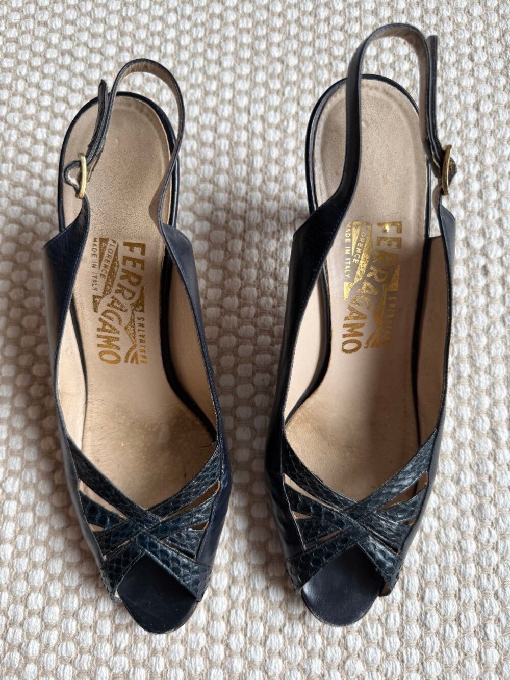 Ferragamo | Vintage Navy Slingback Heels Open Toe Woven Leather Pumps